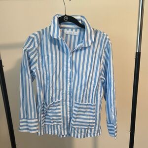 Lake 3/4 Sleeve Blue and White Button Down Cotton Shirt Top Lounge Pajamas XS